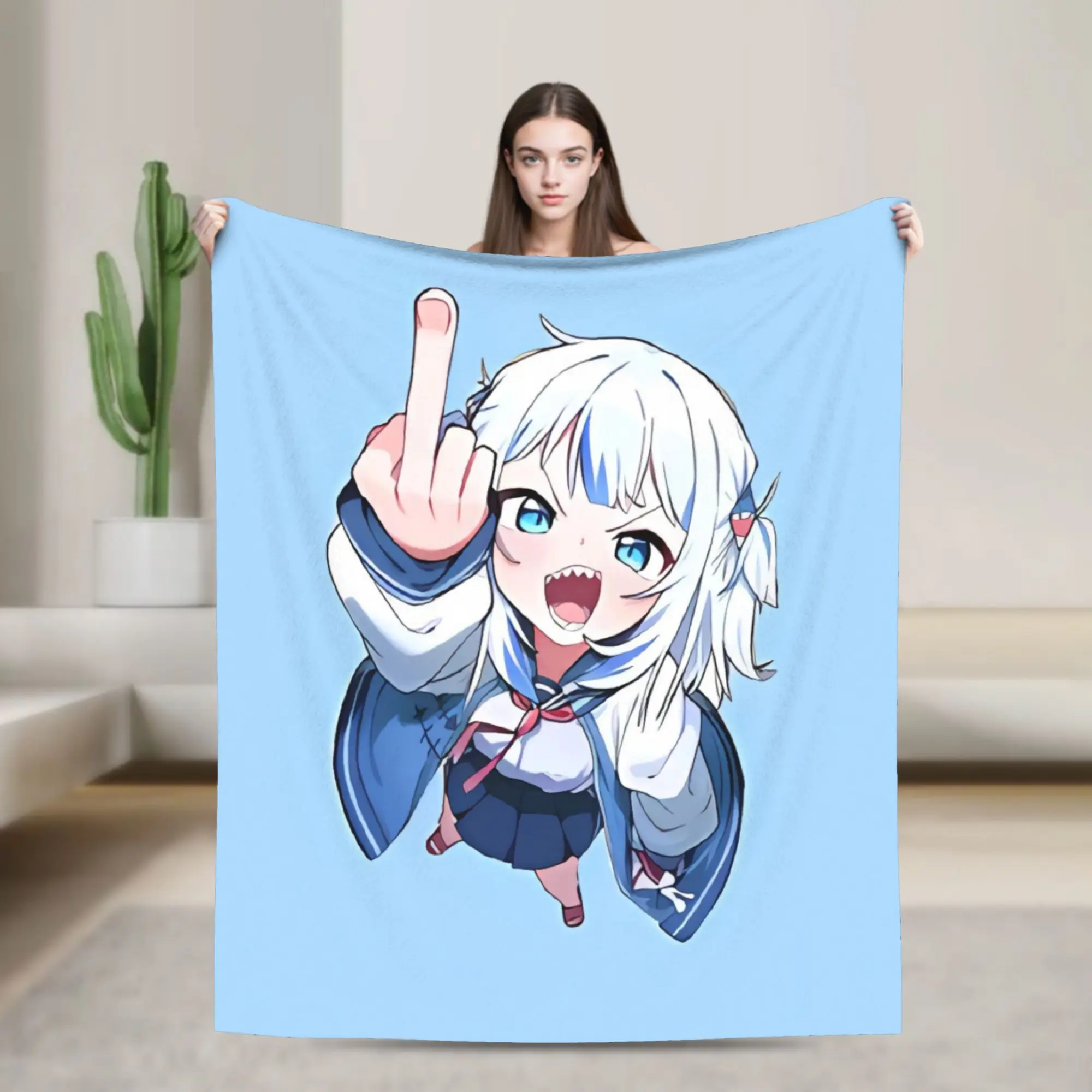 Gawr Gura Playful Hand Gesture Warm Soft Blanket  Boy Girl Plush Bedding Throws Fluffy Bedroom Flannel Bedspread Sofa Bed Cover