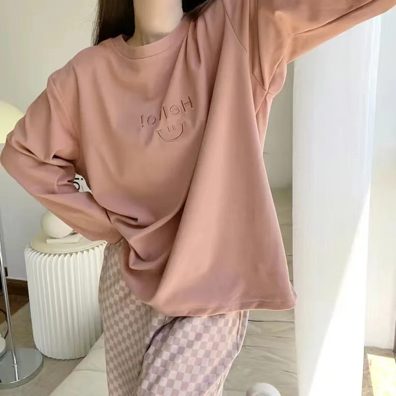 Two Sets Of Autumn And Winter New Solid-Coloured Women\'s Pajamas Round Neck Casual Homewear Suit Large Size Loose Homewear