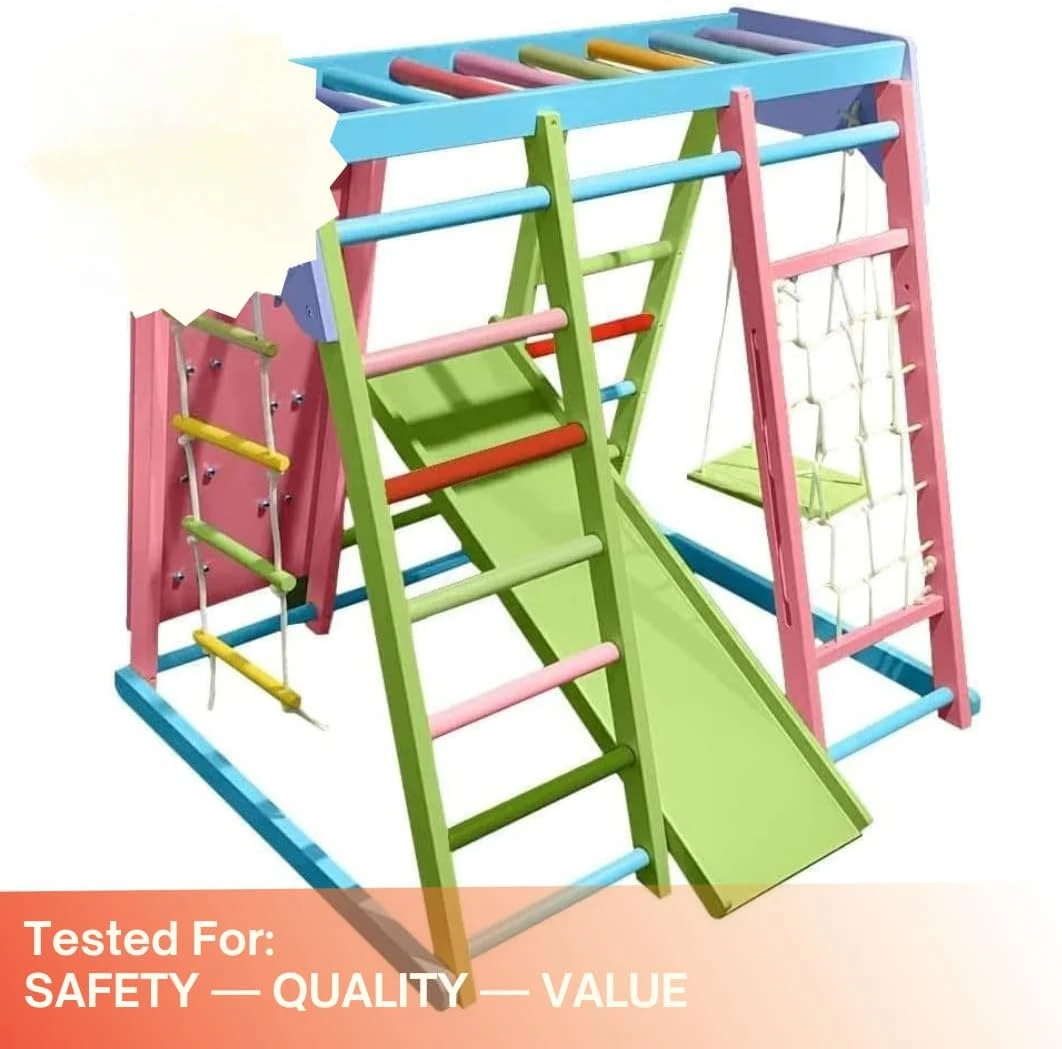 7-in-1 Jungle Gym Playset for Kids 2-6yrs - Slide, Climbing Wall, Rope Wall Climber, Monkey Bars, Swing - Waldorf