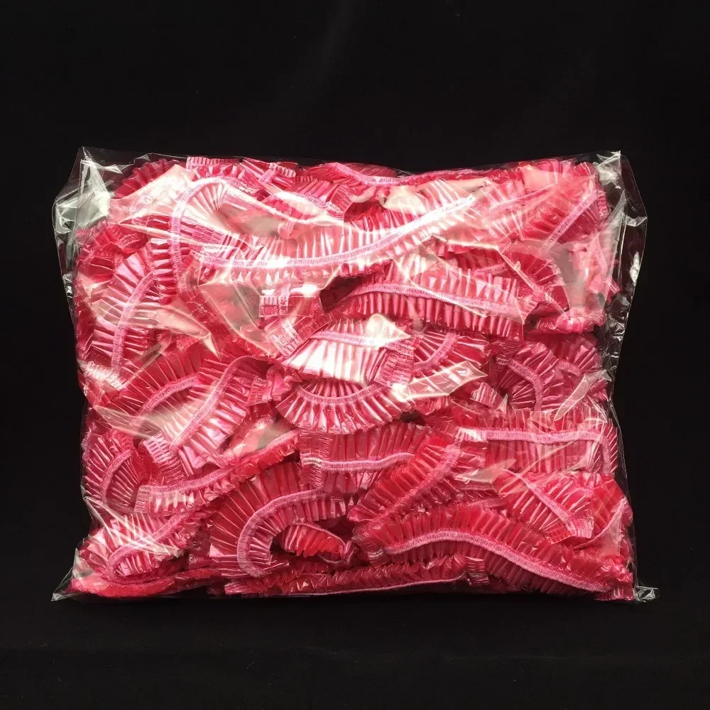Haarfärbe-Einweg-Duschhauben 100 Stück/Set, wasserdichte Kopfbedeckung aus Kunststoff, rosa, für Spa, Salon, Hotel, Damen, elastische Haarkappe, Badezimmer – Detail 14