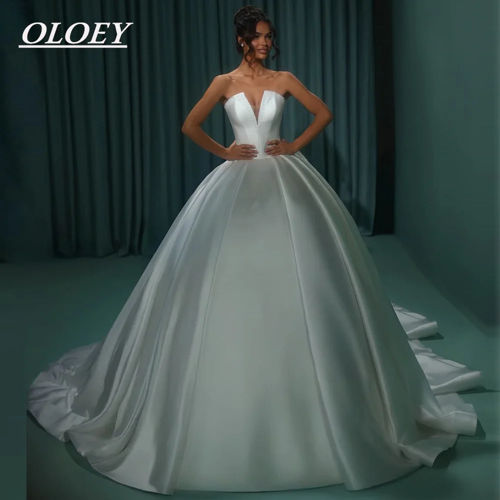 OLOEY Luxury Pearls A-line Wedding Dresses Strapless Quinceanera Bridal Gown Customized Vestidos De Novia Sweep Tail Laing Back