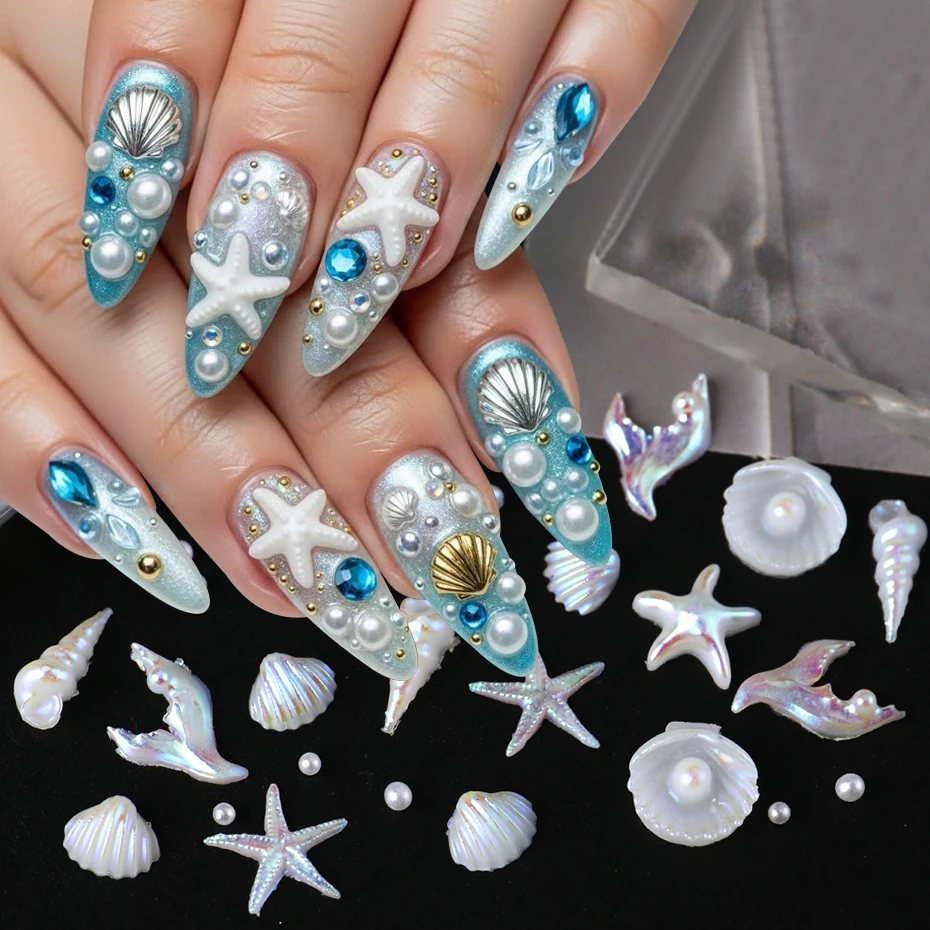 Aurora Ocean Shell Starfish Nail Charms Mini Conch Jellyfish Nail Decoration Mermaid Series Elegant Sea Creature Manicure Access