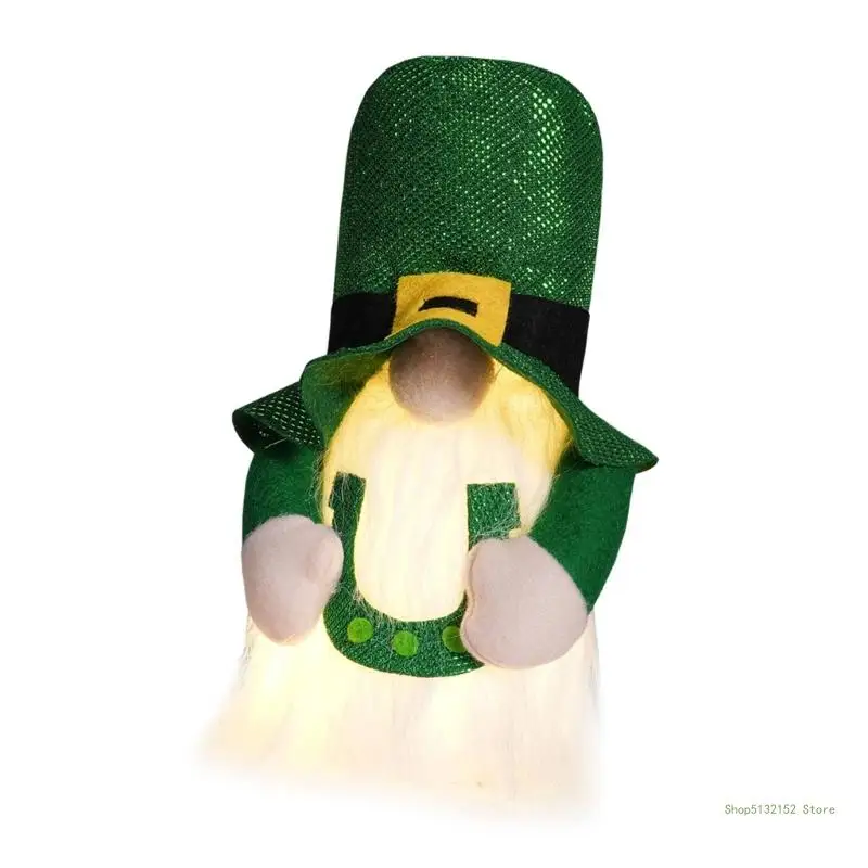 QX2E LED Light Up Gnomes Plush Dolls Decoration for Patricks Day Irish Festival Leprechaun Hat Swedish Tomte Elf Figure Toy