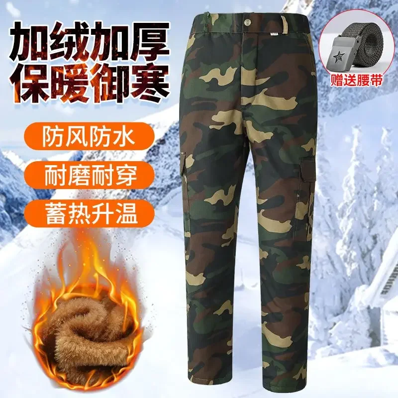 Pantalones de algodón de camuflaje de invierno gruesos, cálidos y resistentes al desgaste, impermeables y de terciopelo para hombres