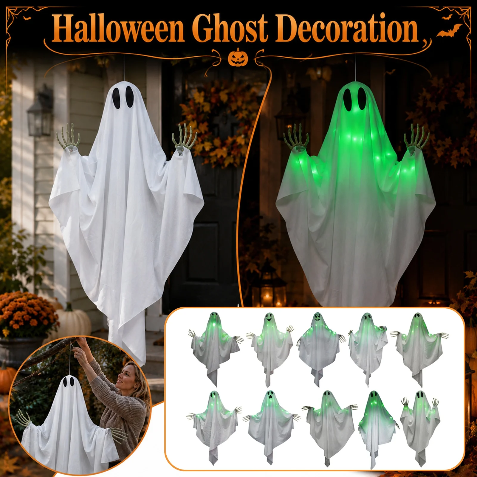 Outdoor Lighting Expressions - Halloween Glowing Ghost Hanging Decoration with