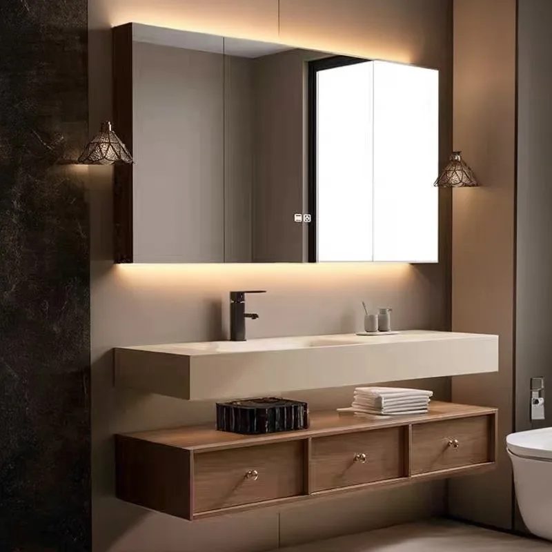 Customized Chinese double-layer bathroom cabinet hot bending integrated washbasin lacquered washbasin combination