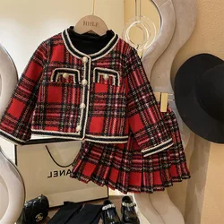 Christmas Girls Two Piece Set Single Breasted Plaid Children Girl Coat Jacket Same Style Skirt Elegant Spring Autumn Sets