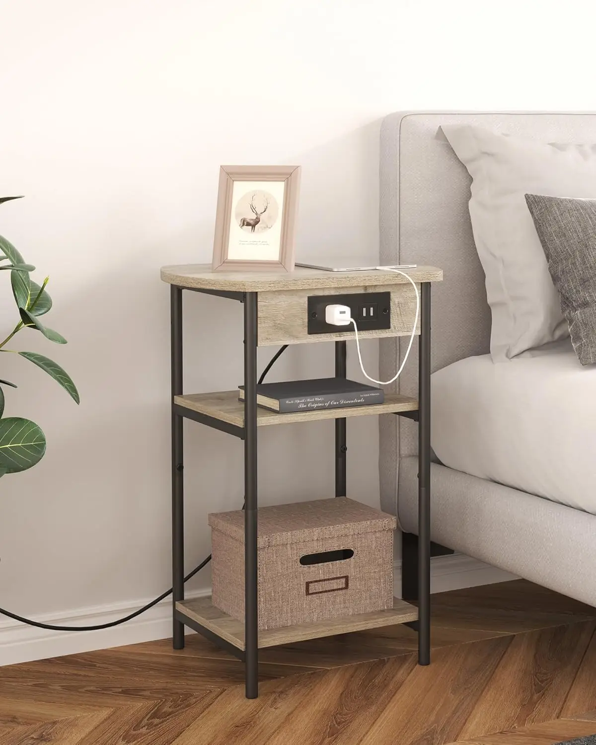 End Tables with Charging Station, 3 Tier Side Table with Charging Station, End Table with USB Ports & Outlet, Narrow Nightsta