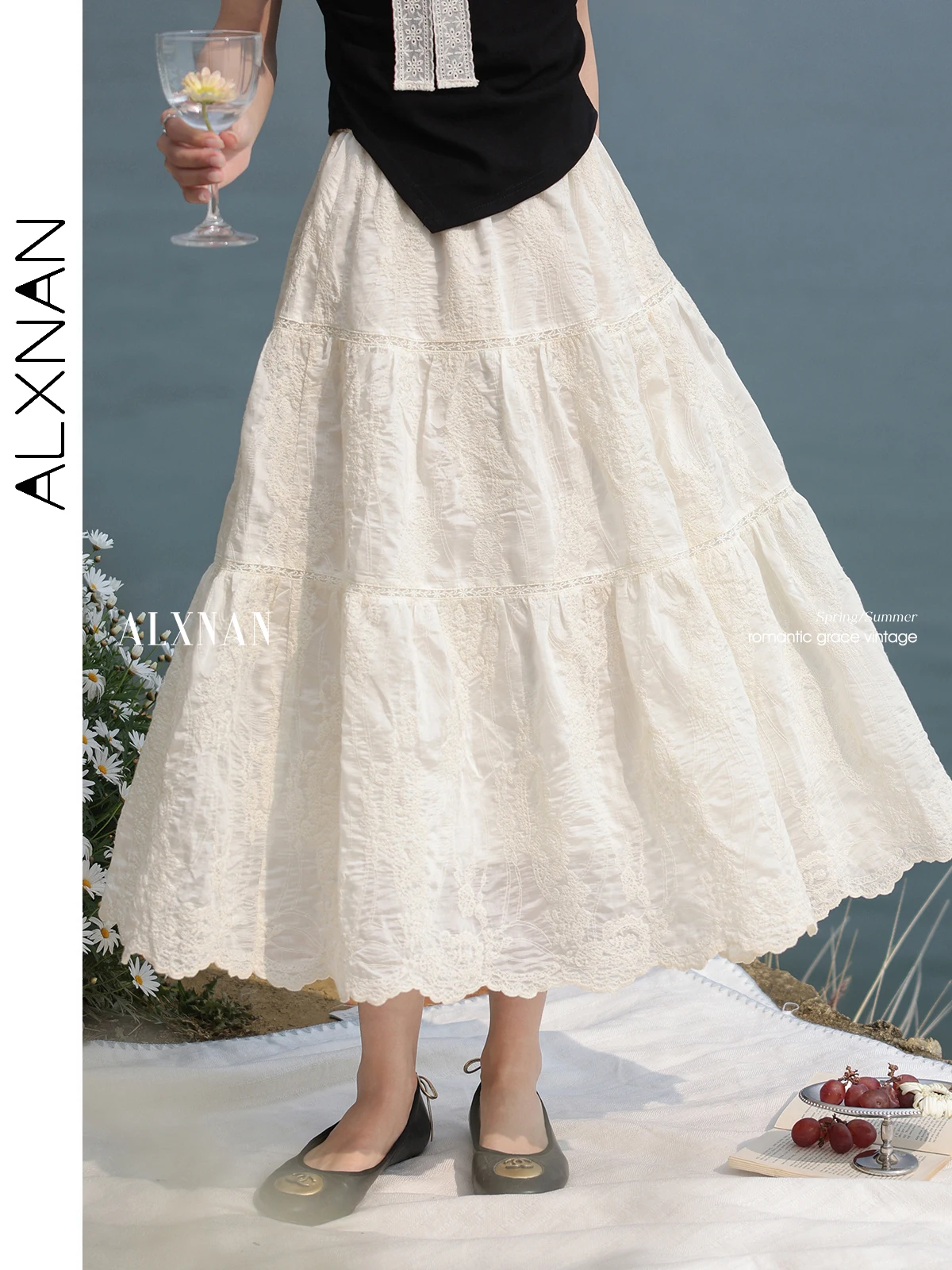 

ALXNAN Women's White Skirt Elegant Long A-line Skirt 2025 Summer Hollow Lace Design Loose-fit Ladies Popular Clothing L55119BSQ
