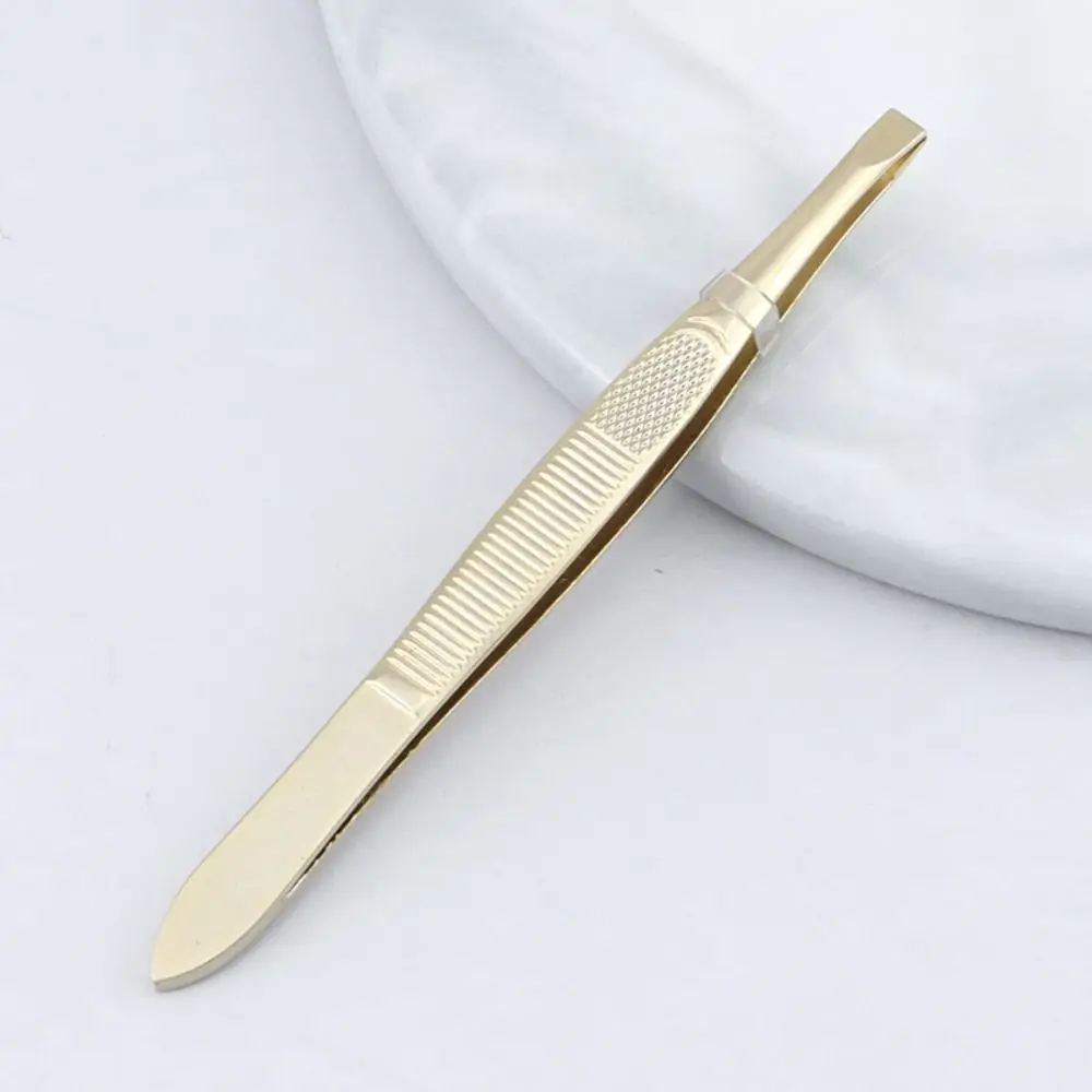 Stainless Steel Eyebrow Trimming Tweezers Slant Tip Plucking Eye Brow Clips Mesh Stripe Handle Flat Tip Eyelash Curler Girl