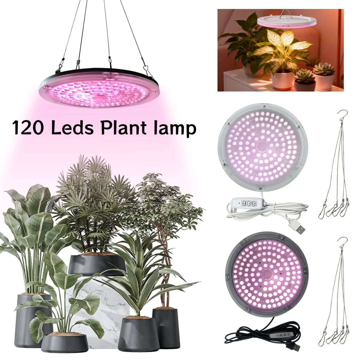 

120 LEDs full-spectrum plant growth with 2/4/8-hour timing and 4 brightness settings for indoor hydroponic cultivation and plant