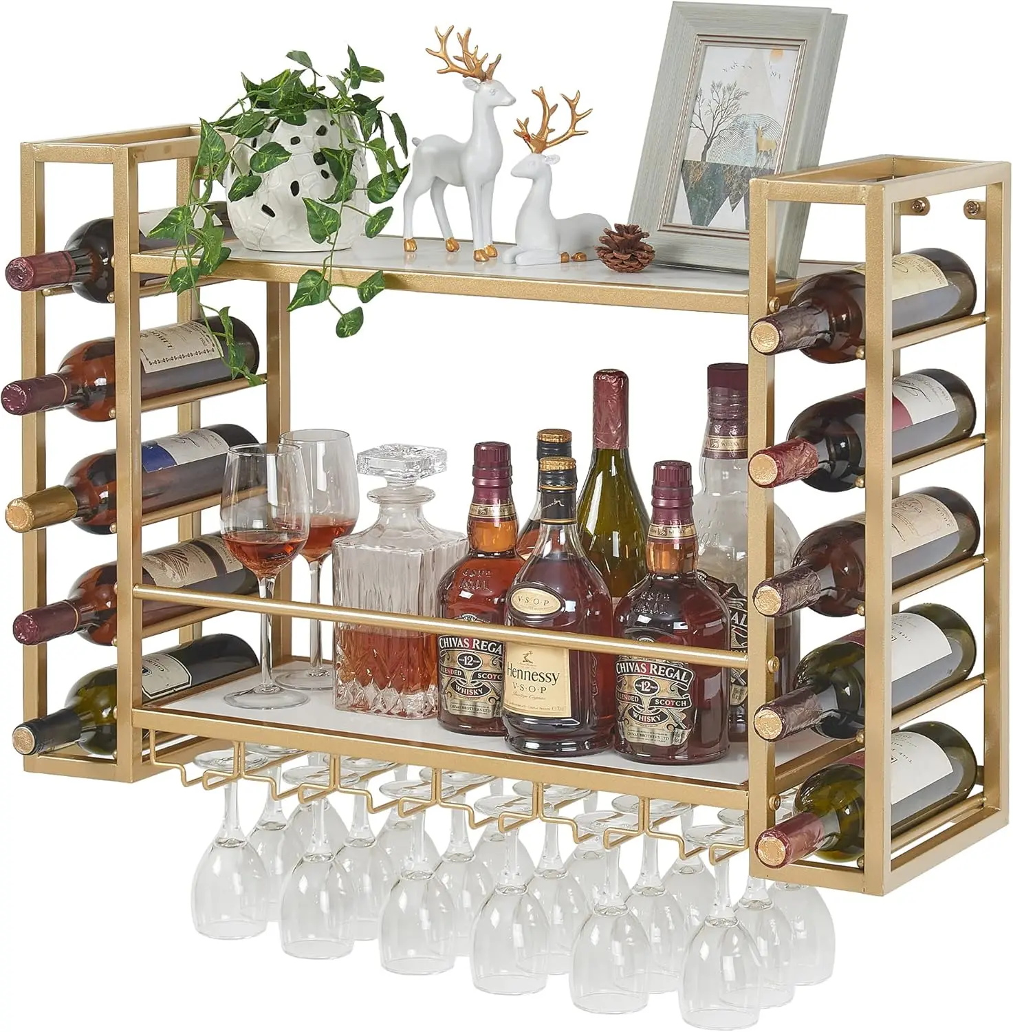 Wall Mounted Wine Rack with Glass Holder, Metal Bottle Holder Wine Storage Display Shelf for Home Bar Dining Room Kitchen