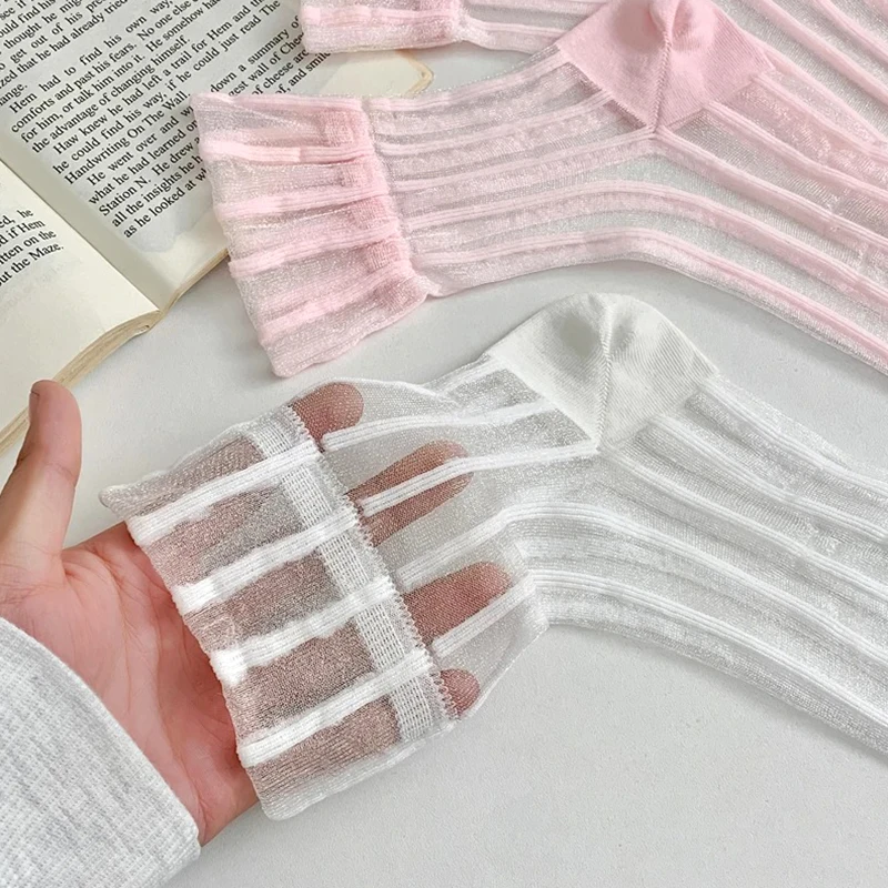 Calcetín transpirable ultrafino para mujer, medias cortas elásticas de seda de encaje transparente con rayas verticales de cristal, novedad de verano