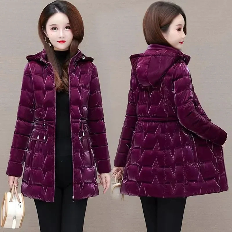 Pearlescent Glossy Disposable Cotton-padded Coat 2023New Long Slim Mother Hooded Padded Warm Down Cotton-padded Jacket Coat Lady