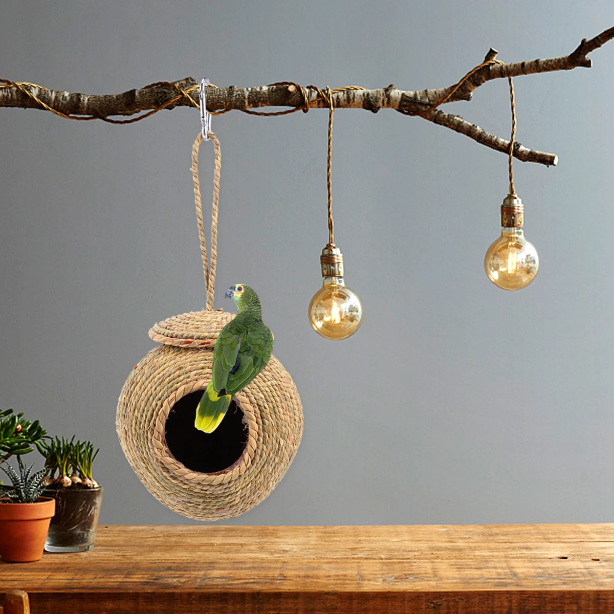 

1pc Grass Rope Woven Nest Dark Green Durable Breathable Hanging Cave For Parrot Hamster Squirrel Indoor Outdoor Decor Storage