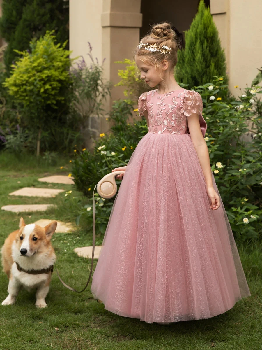 Vestidos de tul con cuello redondo para niña, vestidos de flores con Apliques y lazo de satén, vestidos elegantes para niña, vestido de fiesta de casamento