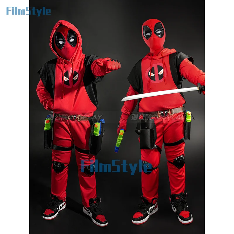 Children Deadp 3 Cosplay Cosutme Wade Winston Wilson Headgear Sweater Pants Set Halloween Carnival Red Boy Costume