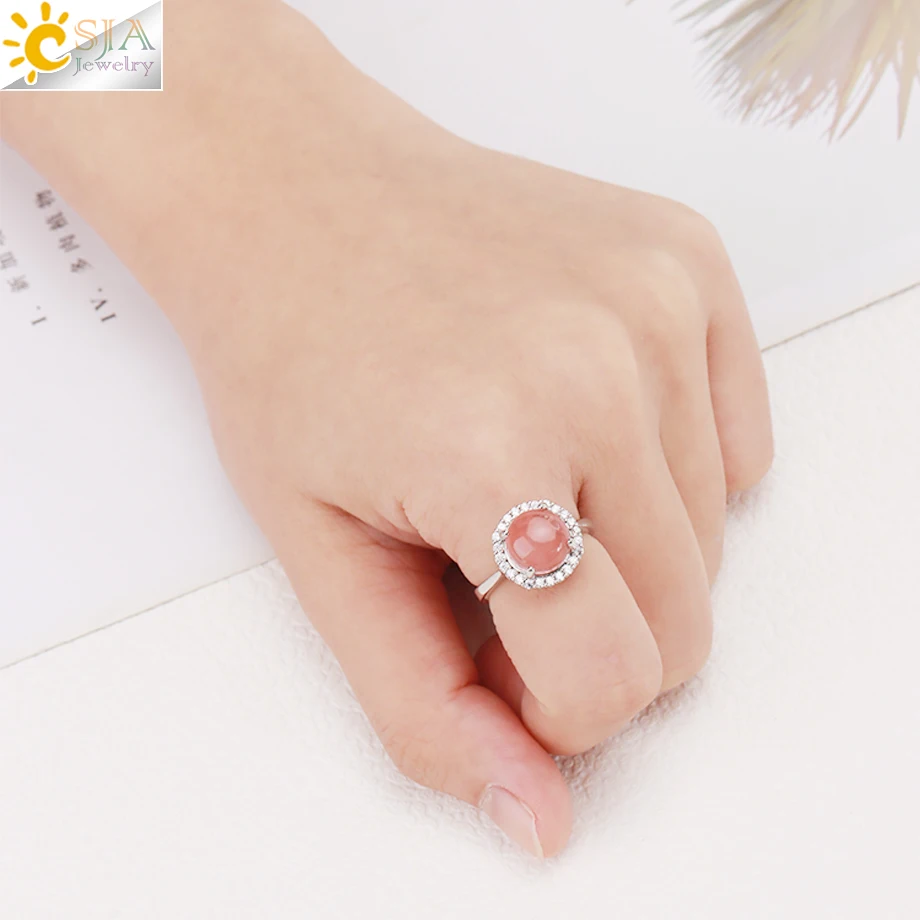 CSJA Natural Stone Ring Women Round Cabochon Pink Quartz Crystal Bead Luxury Zircon Trendy Wedding Jewelry Accessories H263