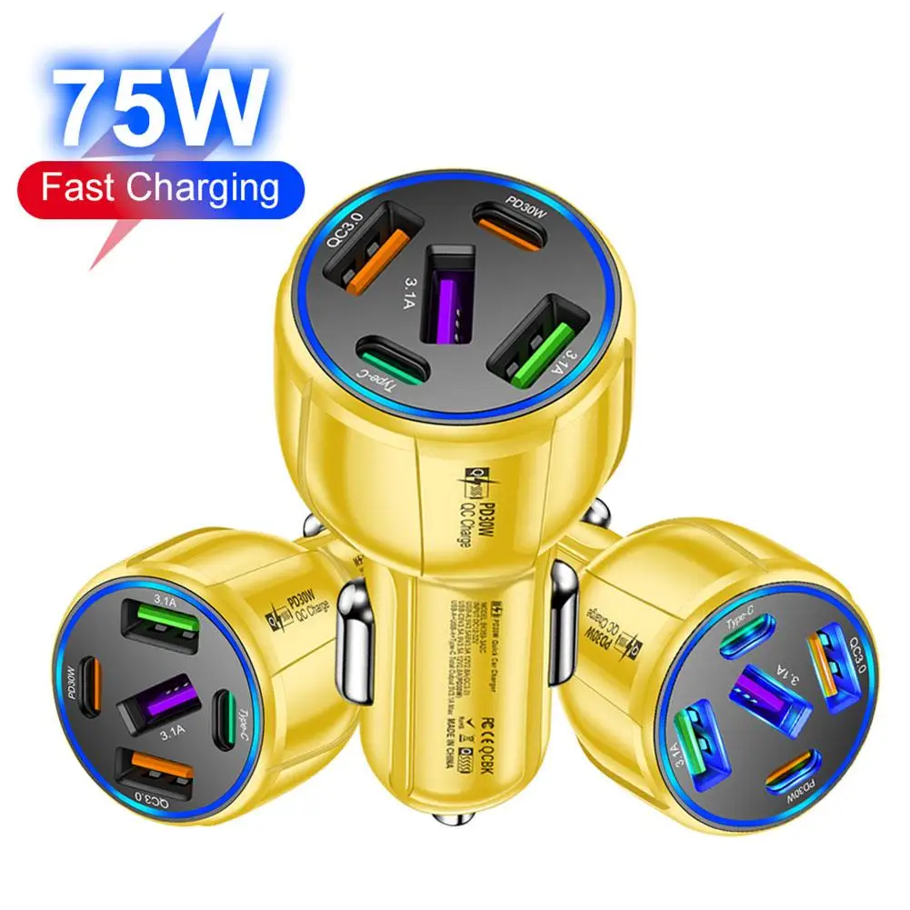 75W 5 Ports USB Car Charger PD Type C Fast Charging Phone Charger In Car For IPhone USB Car Phone Adapter