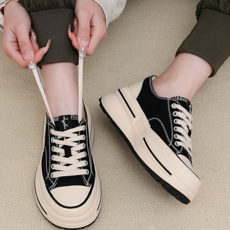 Women Fashion Height Increasing Platform Mocasines Contrast Color Low Cut Canvas Shoes All-match Lace-up Vulcanizes Footwear