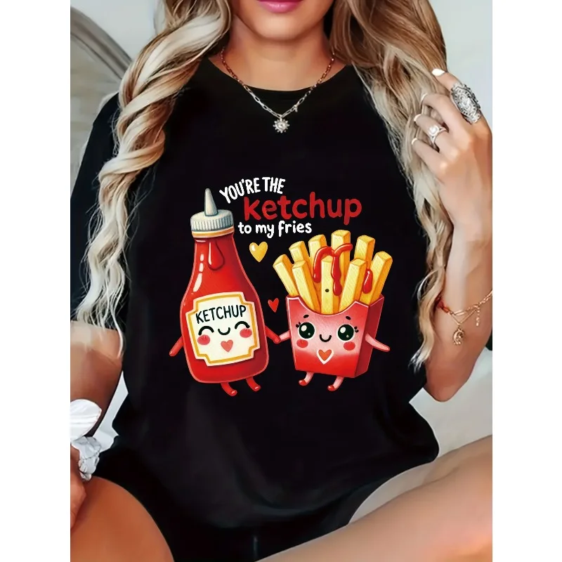 Tomato Sauce and My French Fries Printed Women's T-shirt Casual Round Neck Short Sleeve Cotton Fashion Women's Harajuku Top