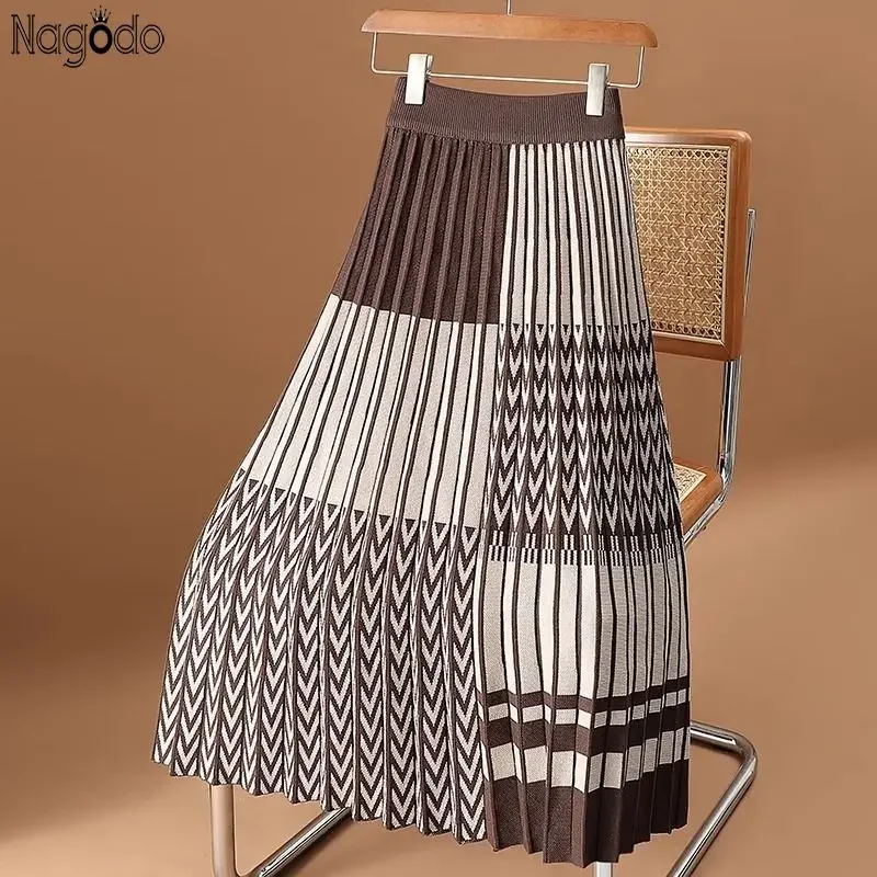 

Women's Knitted Striped Pleated Skirts 2024 New Autumn Winter High Waist Splice Color A-line Skirt Lady Female Midi Long Skirts
