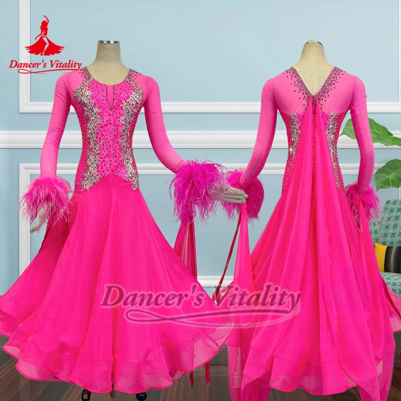 Vitalidad del bailarina vals Tango el nuevo estilo Color rosa traje de concurso profesional personalizar ropa de baile de salón tipo plumas
