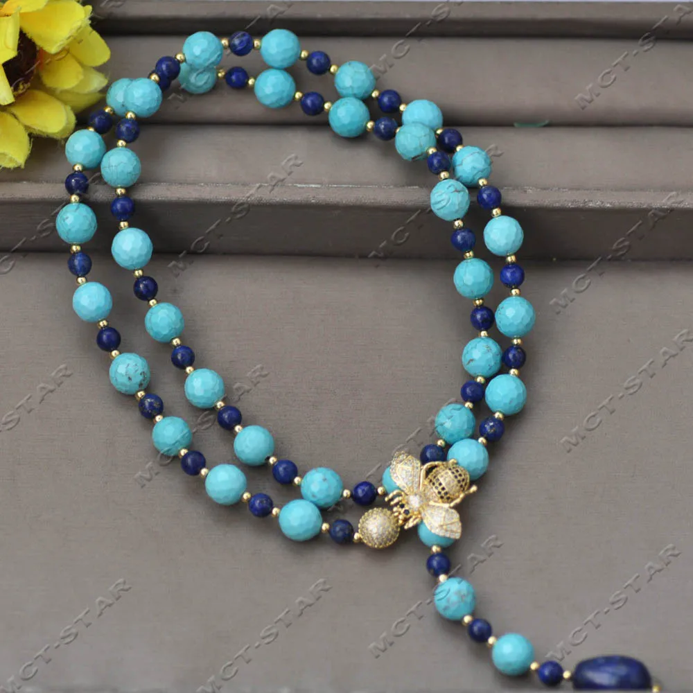 

MCT·STAR 31'' 10mm Blue Round Faceted Lapis lazuli Turquoise Necklace Teardrop Pendant CZ Bee Custo（Z14026)