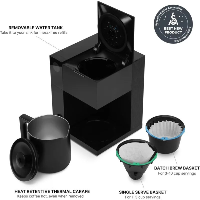 Aiden-Cafetière de précision, Carafe thermique 10 tasses, Guidage de brassage intégré, Planification, Eau précieuse, 256 Noir