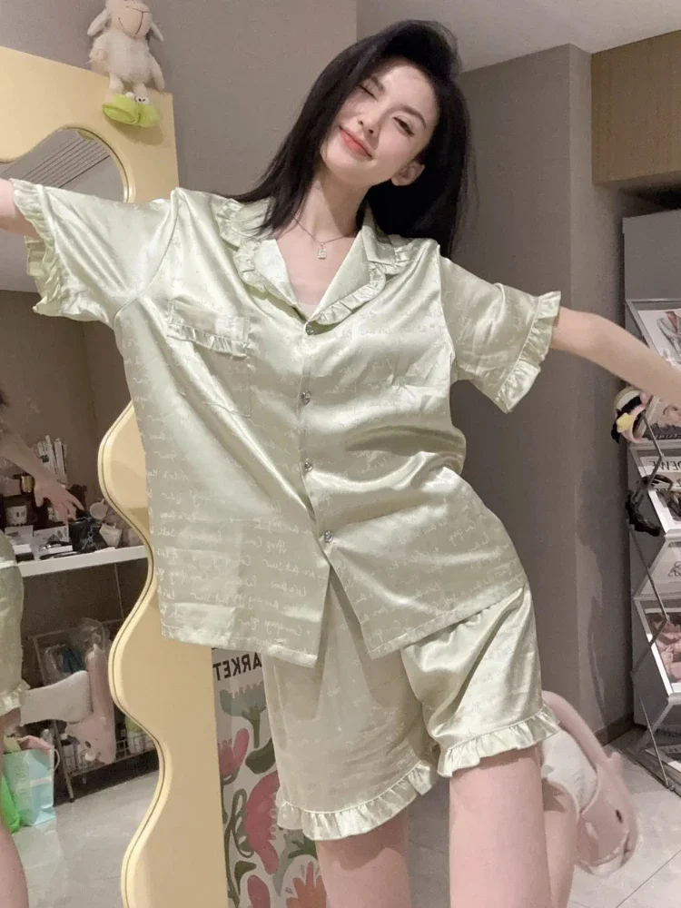 

Пижамные комплекты женские с короткими рукавами модные с оборками милые домашние повседневные летние новые удобные тонкие пижамы с принтом принцессы Ulzzang