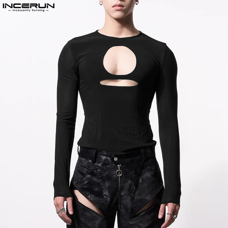 Fashion New Men's Clothing INCERUN 2024 Sexy Hollowed T-shirts Casual Clubwear Male Solid All-match Long Sleeved Camiseta S-5XL