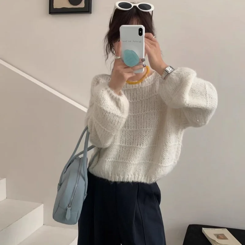 

Advanced Round Neck Solid Color Sequined Sweater New Autumn Winter Lazy 2025 Loose Knitted Sweater Top