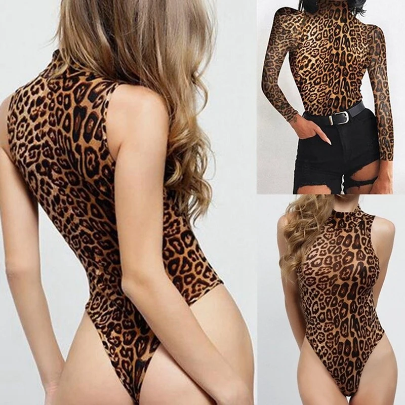 Bodysuit Macan Tutul Seksi untuk Wanita Setelan Tubuh Turtleneck Tanpa Lengan Playsuit Bodycon Skinny Print Romper Jumpsuits Pakaian Renang Kasual