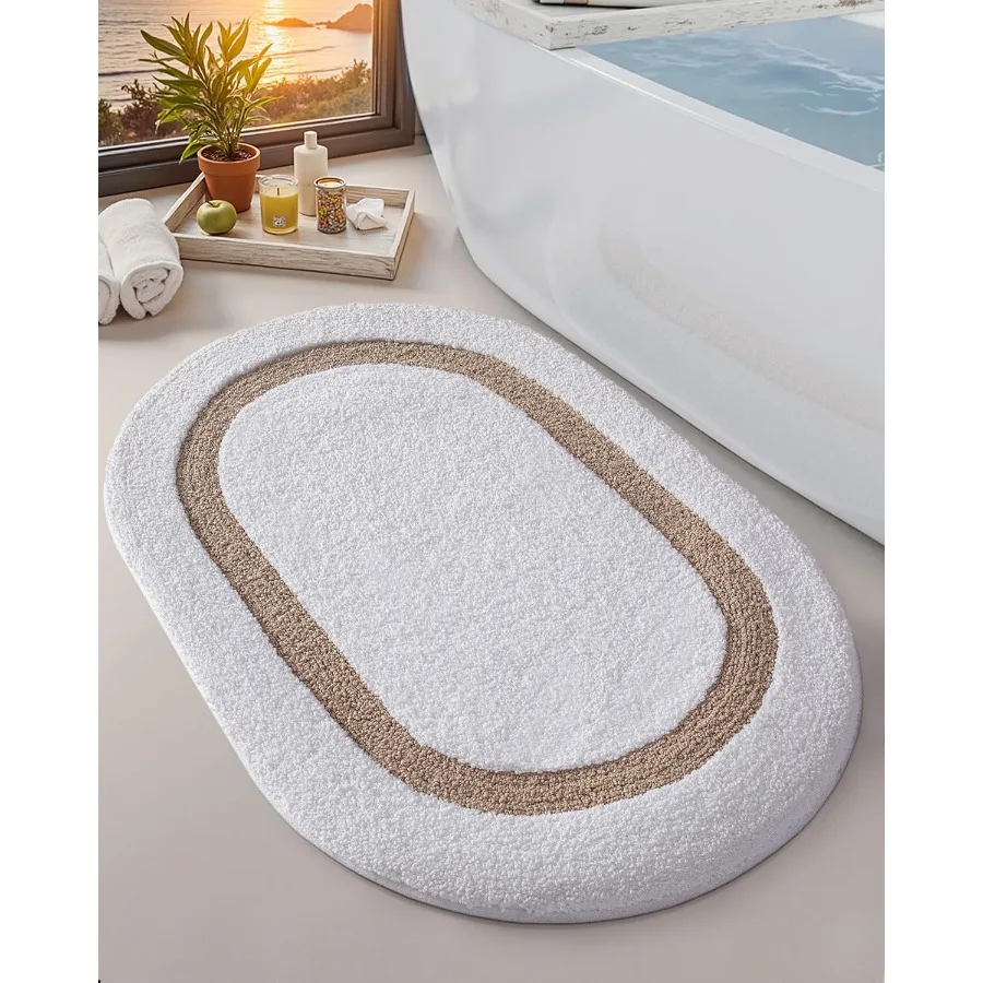 

Oval White and Beige Bath Mat for Shower Floor 24x36 NonSlip Washable Bathroom Rug with QuickDry Microfiber Soft Absorbent and