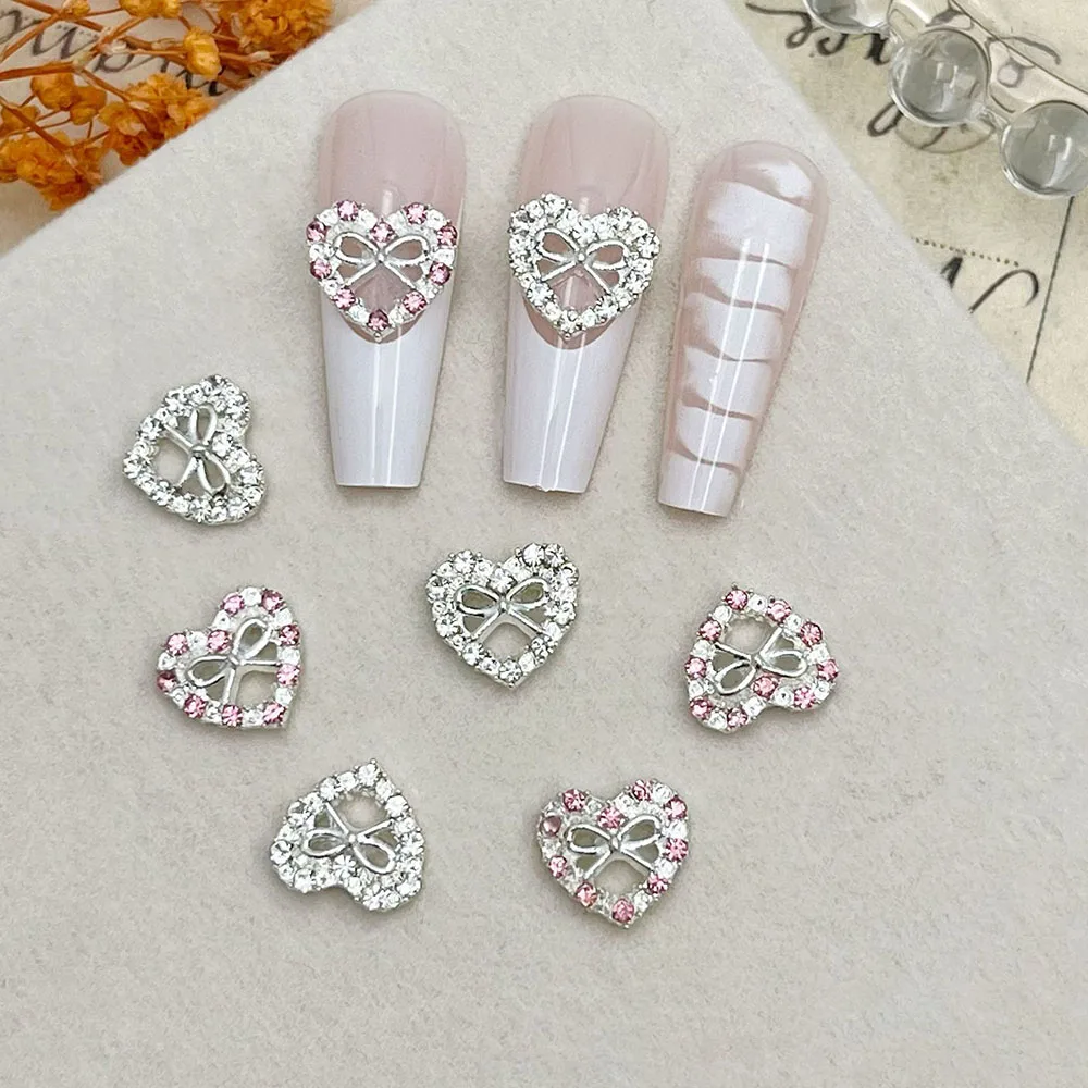 10Pcs Bow Heart Nail Charms with Diamond Hollow Love Heart Nail Decoration Charm Pink Silver Luxury Bowknot Manicure Parts