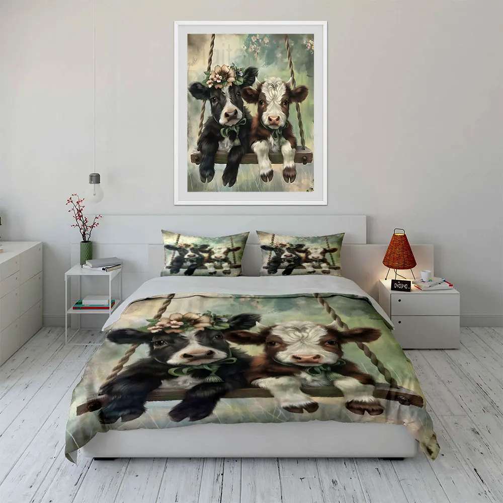 Calves on swing with floral crowns Bedding Set for Kids Luxury Gift 3pcs Digital Print Comforter Set Soft Comfortable Breathable