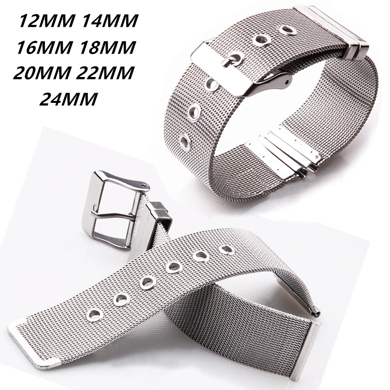 Men Women Stainless Steel Watch Strap 12mm 14mm 16mm 18mm 20mm 22mm 24mm Silver Mesh Milanese Pinhole Buckle Watch Band Straps