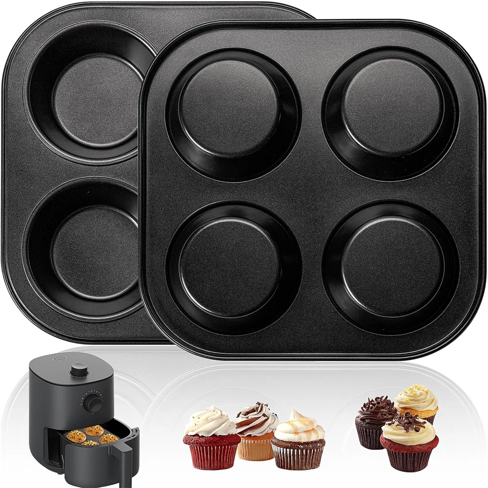 Air Fryer Pancake Pan, 4-Cup Black Non-Stick Mini Oven Cupcake Baking Tray,Carbon Steel Round Waffle Mold,Suitable for Egg Tarts