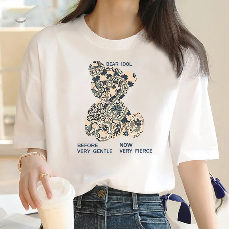 

Women's Cotton T-shirt Casual Cute Bear Print Short Sleeve Women's O-neck T-shirt Cartoon Graphic Fashion Summer Wear Y2K Top