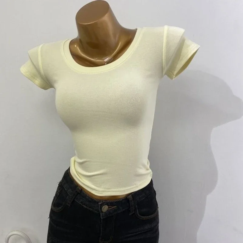 Wholesale Summer Women Crop Tops O Neck Short T Shirts Short Sleeve Solid Basic Slim T Shirt High Strecth Tight Female Top