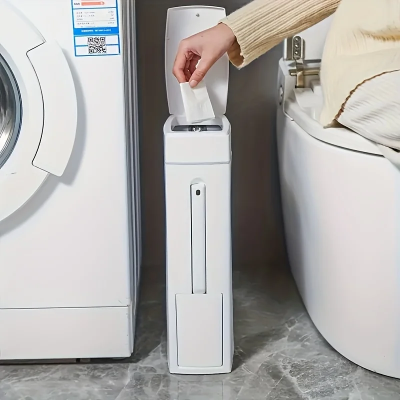 

Пресс-тип с открытой крышкой, компактный мусорный бак для ванной комнаты со встроенным держателем для туалетной щетки, прочный пластик, современный минималистичный дизайн