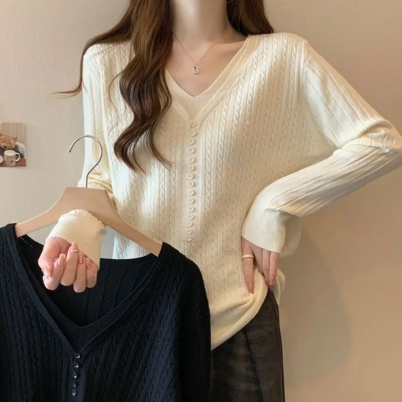 Fake Two Pieces V-Neck Sweaters Female Clothing Stylish Button Loose Autumn Winter Basic Solid Color Long Sleeve Knitted Jumpers