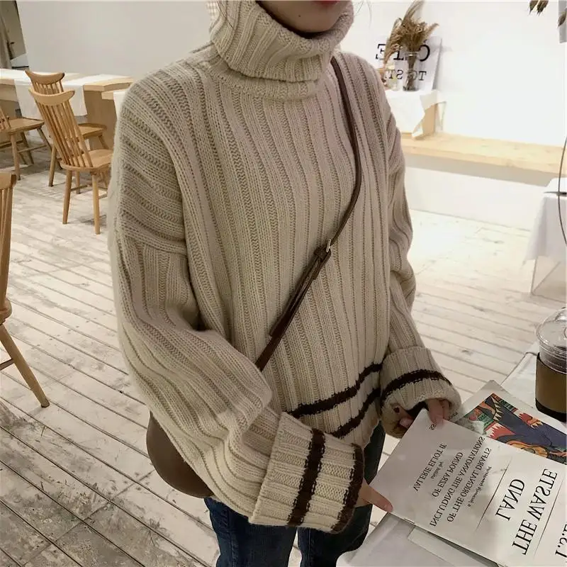 Women's Clothing Turtleneck Sweaters Casual Spliced Loose Autumn Winter New Contrasting Colors Basic Long Sleeve Knitted Jumpers