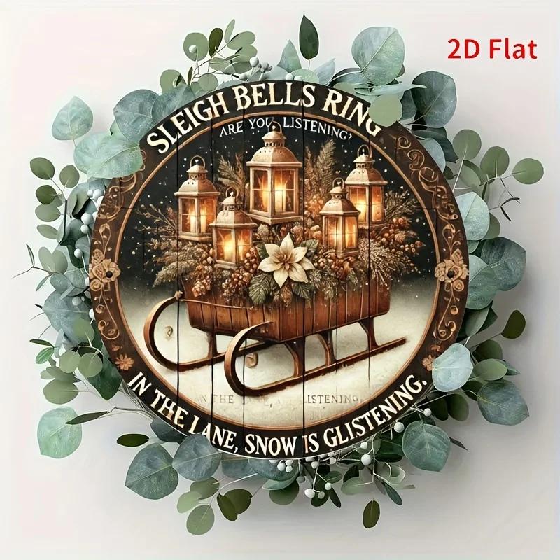 [مسطح [مسطح] قطعة واحدة من لافتة الحائط المعدنية الحديدية المستديرة - إكليل عيد الميلاد العتيق مع رجل الثلج والأجراس وفروع الصنوبر - متين للاستخدام الداخلي/الخارجي