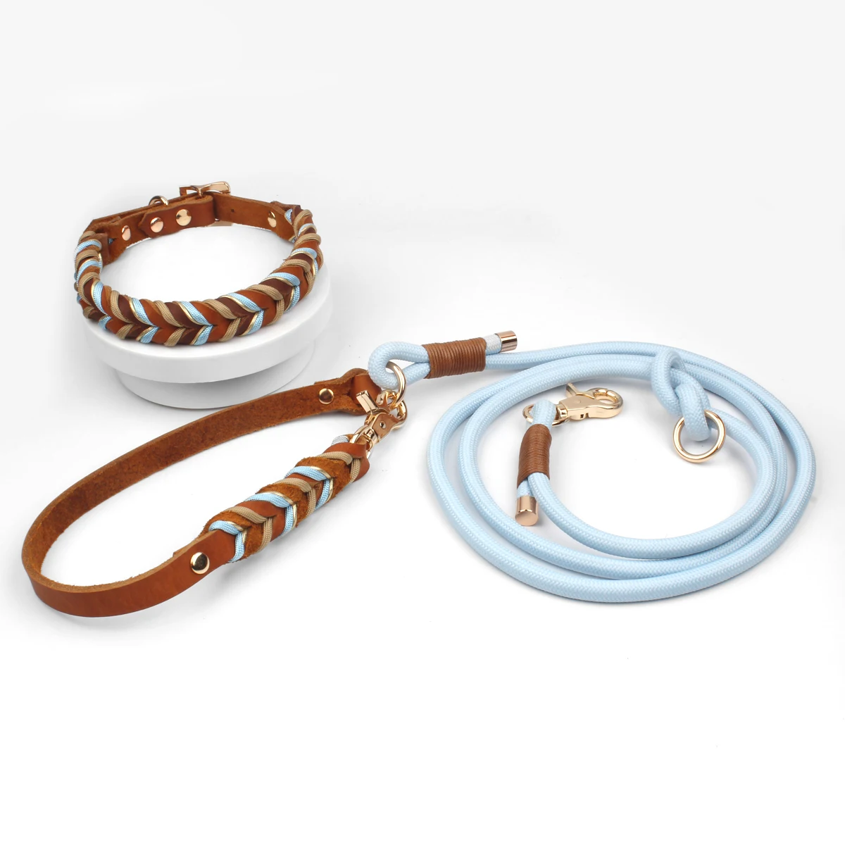 Braunes Leder-Hundehalsband und Leinen, Anzug, gewebte Muster, wunderschönes, langlebiges Nylon, orange Farben, Seil, freihändiges Design, 2026, neu – Detail 20