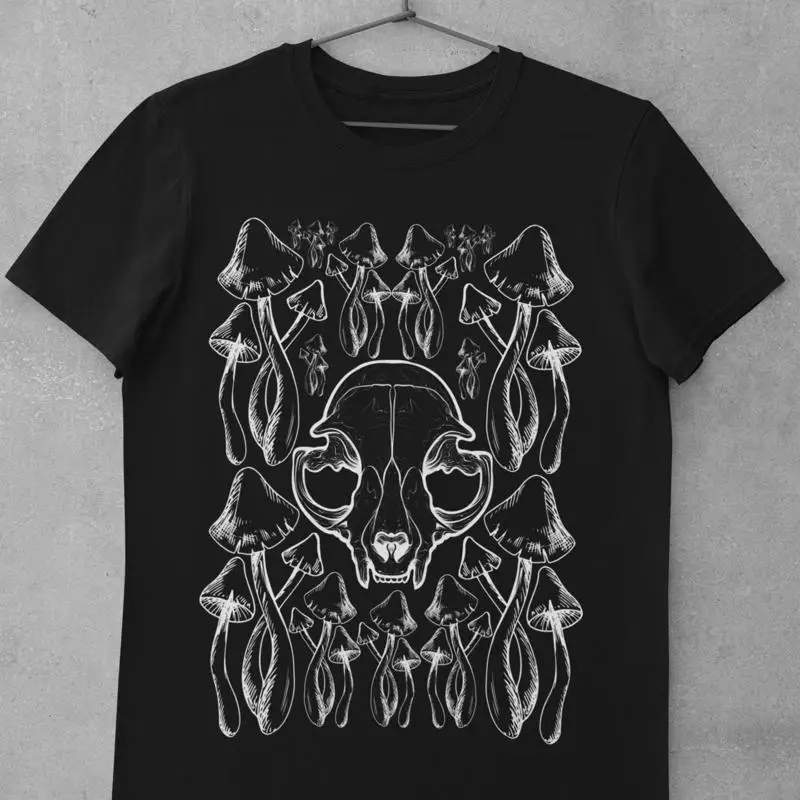 

Cat Skulls T Shirt Mushroom Grunge Clothing Alt Mall Goth Top Dark Art Occult Witchy Devil Punk