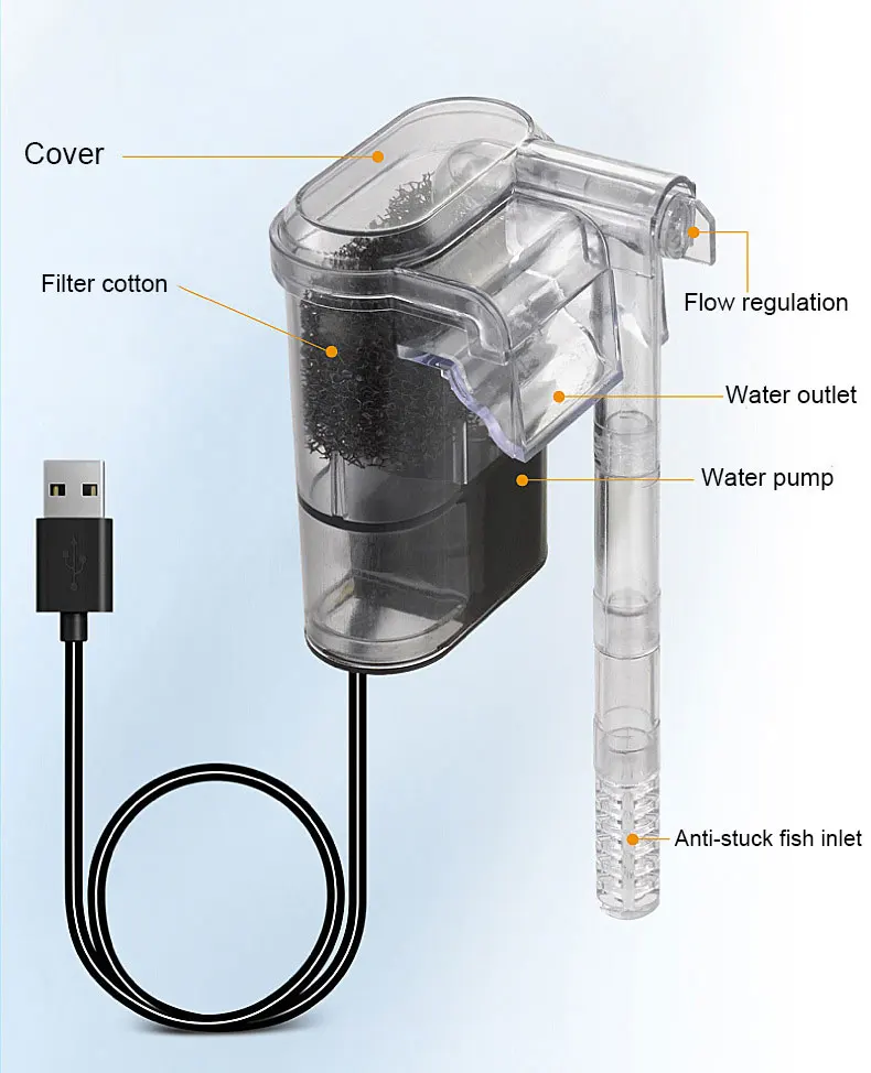 Aquarium New Hanging Filter Mini Filter Fish Tank USB power interface 2.5W Flow 250H/L Suitable for fish tanks below 30cm