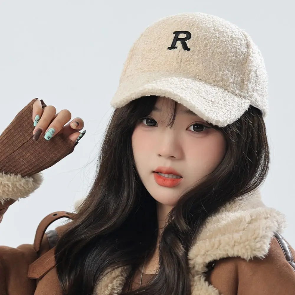 New Embroidery Baseball Cap Thick Windproof Peaked Cap Solid Color Imitation Lambswool Winter Warm Hat