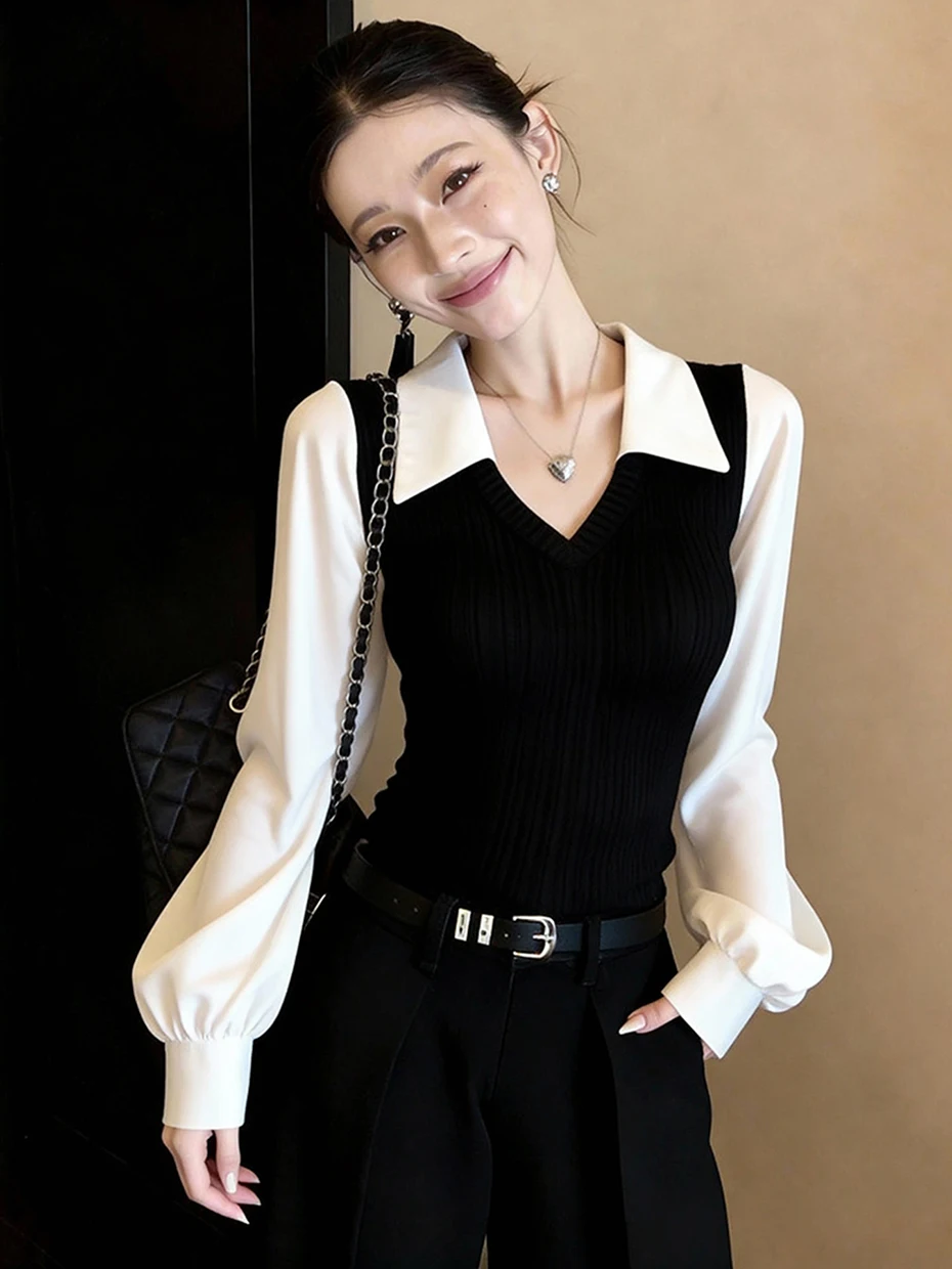 

Spring Unique Beautiful Light Mature Knitted Top with Collar Splice Fake Two-Piece Women's Casual Loose Fit Polyester Fiber