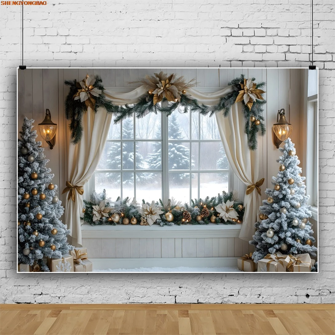 Winter Christmas Photography Background White Window Xmas Tree Gifts Wreath Kids Family Portrait Photocall Background Decor Prop